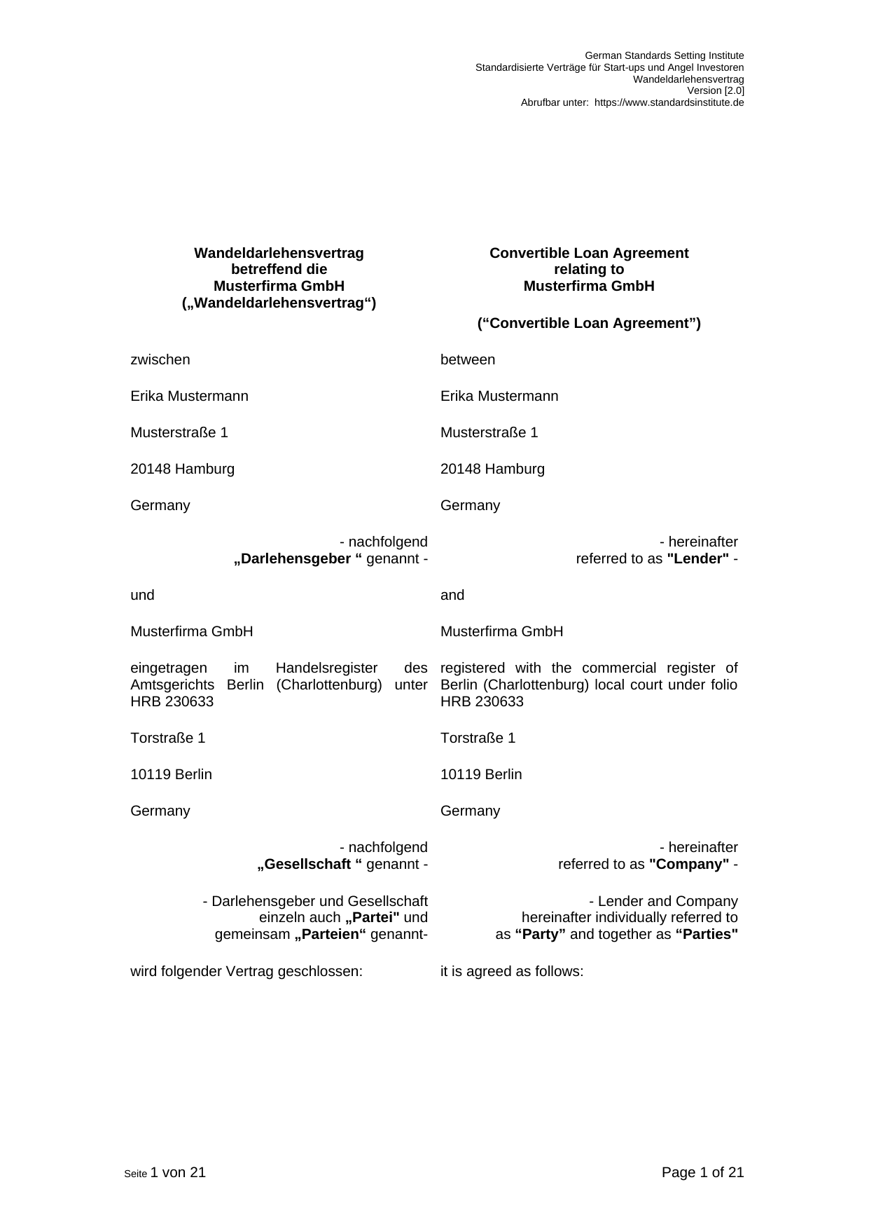 Erste Seite eines Beispiel-Wandeldarlehensvertrags mit Titel und Vertragsparteien auf Deutsch und Englisch